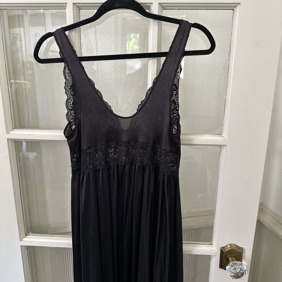 Vintage Shadowline Nightgown Maxi Black Lace Nylon Bow Women's Medium - Picture 7 of 10
